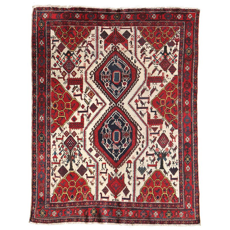 大きな取引 アンティーク絨毯 トライバルラグ 手織り 赤い盾と鳥の袋物 