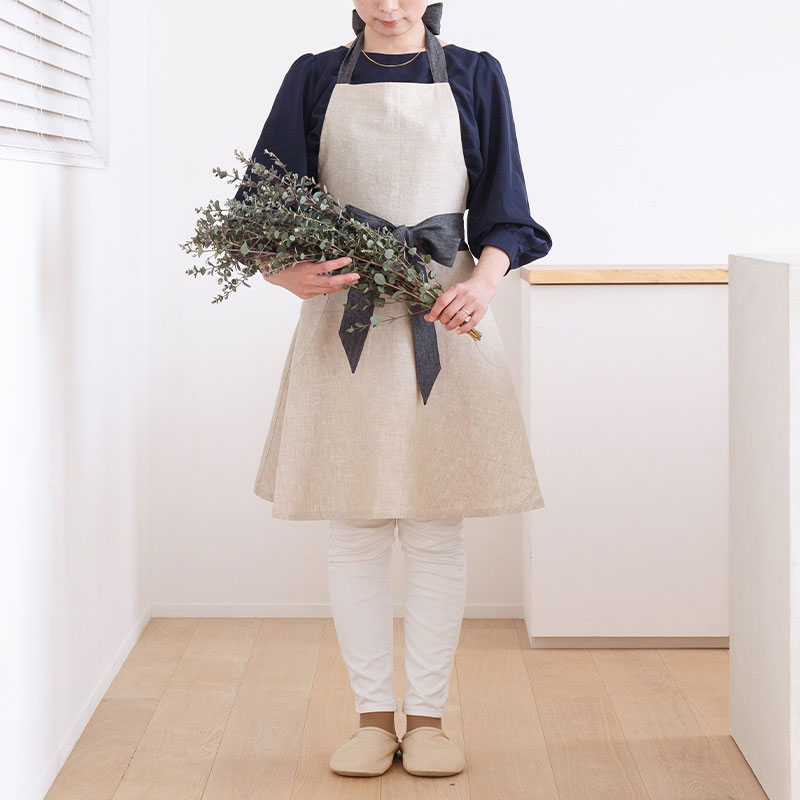 リボンフレアエプロン / リネン100%